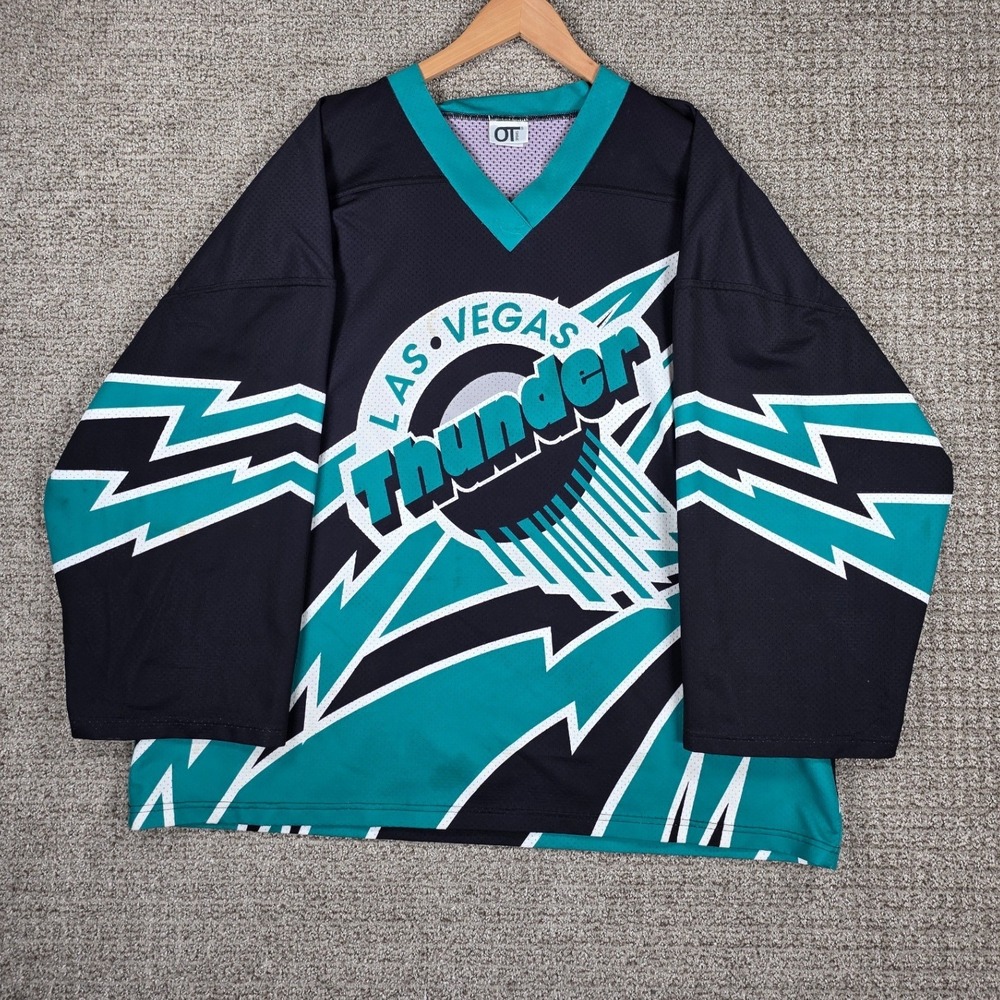 Vintage Las Vegas Thunder OT Sports Hockey Jersey Mens Black Teal Lightning 2XL